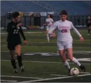  ?? BILL RUDICK/FOR DIGITAL FIRST MEDIA ?? Souderton’s Campbell Power and Pennridge’s Madison Angelo battle for possession on Saturday.