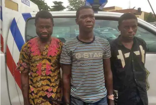  ??  ?? L-R: Yusuf Bello, Nurudeen Kazeem and Sunday Hassan, suspects arrested by the RRS team