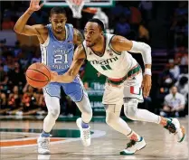  ?? ROB FOLDY / GETTY IMAGES 2017 ?? Hurricanes guard Bruce Brown drives against North Carolina in January 2017. He missed the final 12 games last season after a foot injury that required surgery, but is practicing again.