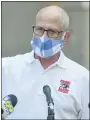  ??  ?? Berks County Commission­er Kevin Barnhardt during a press conference held in front of the Berks County Services Center on Aug. to address the need for people to wear masks. He warned that the threat of the pandemic is still very real.