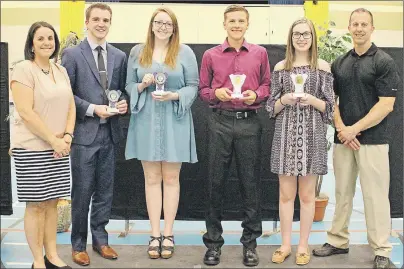  ?? SUBMITTED PHOTO ?? Evangeline School held its annual awards gala recently, and some of the major awards presented included the athletes and students of the year. From left: Paulette LeBlanc, principal; Owen Gallant, senior male student of the year; Julia Signer, senior...