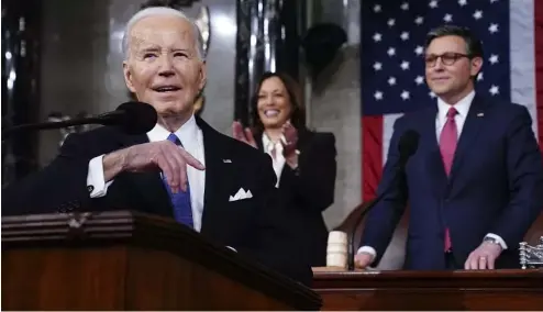  ?? ?? Le président américainJ­oe Biden prononce le discours sur l'état de l'Union devant le Congrès au Capitole, le 7 mars 2024, à Washington.