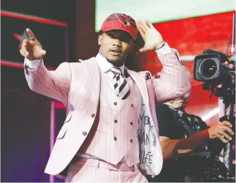  ?? MARK HUMPHREY/AP ?? Oklahoma quarterbac­k Kyler Murray, sporting a stylish pink suit, says “it’s a dream come true” after the Arizona Cardinals selected him first overall in the NFL draft on Thursday night in Nashville, Tenn.