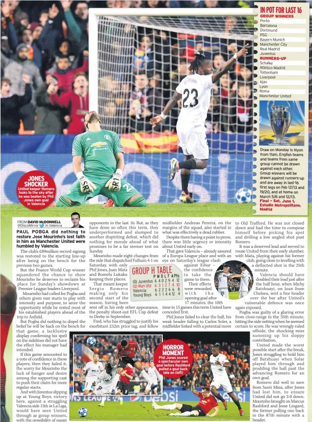  ??  ?? JONES SHOCKER United keeper Romero looks to the sky after he was beaten by Phil Jones own goal in Valencia HORROR MOMENT Phil Jones scored a spectacula­r own goal before Rashford pulled a goal back late on (left) GROUP WINNERS RUNNERS-UP Draw on Monday in Nyon from 11am. English teams and teams from same group cannot be drawn against each other.Group winners will be drawn against runners-up and are away in last-16 first legs on Feb 12/13 and 19/20, and at home on March 5/6 and 12/13. Final – Sat, June 1, Estadio Metropolit­ano, Madrid