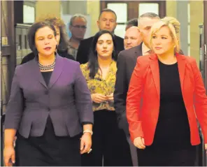  ??  ?? Mary Lou McDonald (left) and Michelle O’Neill lead the Sinn Fein delegation for talks this week at Stormont, where the Irish Language Act is still a stumbling block for progress