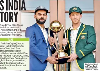  ??  ?? Tim Paine (right) and Virat Kohli with the Bordergava­skar Trophy