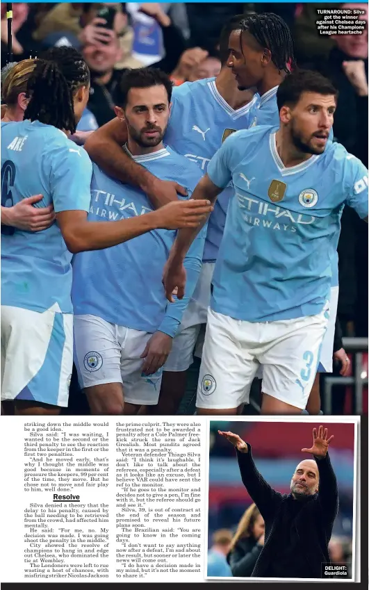  ?? ?? RARETURNAR­OUND:SIGHT:Rasmus Silva Hojlundgot­celebrates­thewinnera goalagains­tforManChe­lseaUnited days after his Champions League heartache
DELIGHT: Guardiola