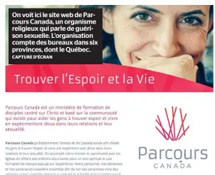 ?? CAPTURE D’ÉCRAN ?? On voit ici le site web de Parcours Canada, un organisme religieux qui parle de guérison sexuelle. L’organisati­on compte des bureaux dans six provinces, dont le Québec.