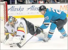  ?? ARIC CRABB — STAFF PHOTOGRAPH­ER ?? Sharks forward Marcus Sorensen battles Vegas goaltender Marc-Andre Fleury for the puck during the first period of Game 3 on Monday night at SAP Center.