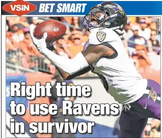  ?? ?? RAVE ON! Marquise “Hollywood” Brown hauls in a 49-yard touchdown pass from Lamar Jackson in Baltimore’s 23-7 victory last Sunday in Denver. The Ravens, who are home Monday vs. the Colts, are Adam Burke’s survivor-pool pick for Week 5.