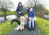  ??  ?? Canine lifeline: Wendy Hilling and her dog Teddy. Left, Wendy (in wheelchair) takes Teddy for a walk, with her husband Peter, friend Fiona Howarth and her dogs Rory and Barney