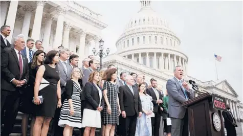  ?? T.J. KIRKPATRIC­K/THE NEW YORK TIMES ?? House Republican­s led by Rep. Kevin McCarthy, R-Calif., gather Thursday at the Capitol for a news conference. A new version of the Jan. 6 attack on the Capitol gives cover to the Republican party.