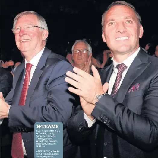  ??  ?? IN GREAT COMPANY Rodgers celebrates the achievemen­ts of inspiratio­nal Stein, far left, and his Lisbon Lions at the Hydro with Ferguson and former Celtic managers O’Neill and Lennon, left