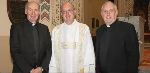  ??  ?? Dermot Davis who was ordained a permanent deacon in St. Aidan’s Cathedral pictured with Bishop Denis Brennan and Fr. Odhran Furlong.