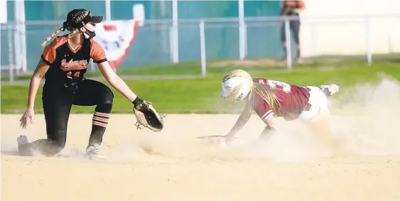  ?? AMY SHORTELL/THE MORNING CALL ?? Whitehall’s Meghan Hutter is safe at second as the Northampto­n throw goes wide during the EPC semifinals. Northampto­n rallied for a 3-2 win on May 17 at Allentown’s Patriots Park. They meet again for the District 11 6A championsh­ip on Thursday night back at Patriots Park.