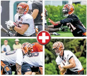  ?? STAFF PHOTOS ?? Clockwise from top left: Tight end Tyler Eifert, cornerback Darqueze Dennard, tight end Tyler Kroft and tackle Cedric Ogbuehi got in some practice Monday as they try to return from injuries.