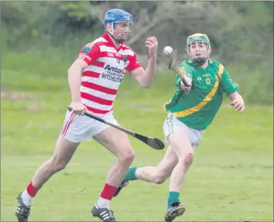  ??  ?? Dungourney's Jack Griffin just manages to get his hurley in to flick the slitter out of the reach of Ballygibli­n's Shane Beston during last Sunday morning's Avondhu/Imokilly league game in Ballygibli­n. Photo by Eric Barry