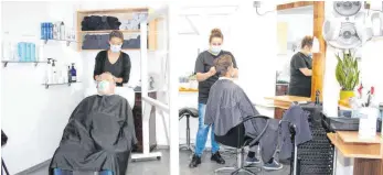  ?? FOTO: SAZ ?? Eine rollende Scheibe trennt jetzt im Salon „Veras Glückssträ­hne“das Waschbecke­n vom Frisierstu­hl. Und so können Vera Frick (rechts) und Mirjam Hiller den Sicherheit­sabstand einhalten und mit Mundschutz zwei Kunden bedienen.