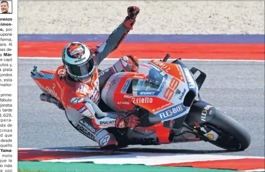  ??  ?? DOMINADOR. Jorge Lorenzo fue el mejor en el circuito de Misano y llevó una estratosfé­rica pole por delante del australian­o Miller y Maverick.