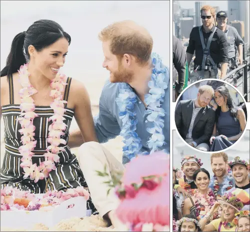  ??  ?? HIPPY CHIC: The Duke and Duchess of Sussex during a visit to South Bondi Beach in Sydney; right, from top, the Duke with Australia’s Prime Minister Scott Morrison and Invictus Games