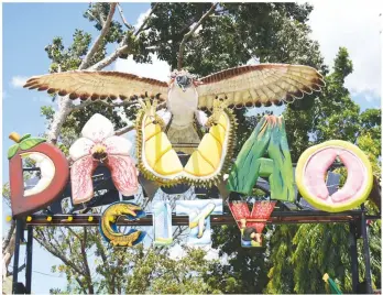  ??  ?? FRESH. A Davao City athlete appreciate­s the lush green lettuce growing on a hydroponic­s garden that spruced up the Mabini Elementary School during the Davraa 2018. At right, the welcome arch with the eagle design.