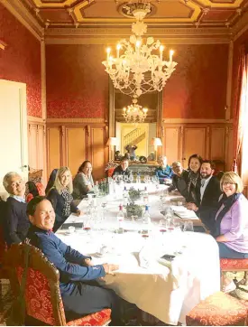  ??  ?? Lunch at Chateau Palmer’s opulent private dining room, a magnificen­t spread by chef Seiji Nagayama and host Damien Grelat (second from right) arranged by our Door-Opener Gigi Montinola (who can be seen in the mirror taking the photo).