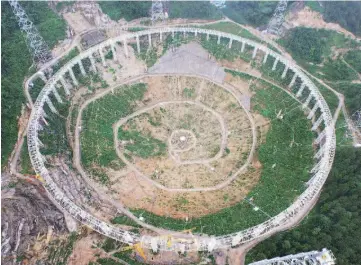  ??  ?? File photo shows the 500-metre Aperture Spherical RadioTeles­cope (FAST) under constructi­on in Pingtang, in southwest China’s Guizhou province. China will move nearly 10,000 people to make way for the world’s largest radio telescope which promises to...