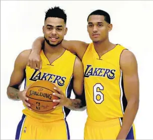  ?? Luis Sinco Los Angeles Times ?? THE LAKERS are looking for more leadership from second-year point guard D’Angelo Russell, left, and continued improvemen­t from third-year shooting guard Jordan Clarkson.