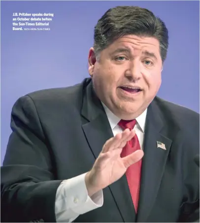  ?? RICH HEIN/SUN-TIMES ?? J.B. Pritzker speaks during an October debate before the Sun-Times Editorial Board.