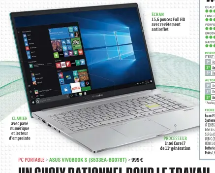  ??  ?? C L AV I E R avec pavé numérique et lecteur d’empreinte ÉCRAN
15,6 pouces Full HD avec revêtement antireflet
PROCESSEUR Intel Core i7 de 11e génération