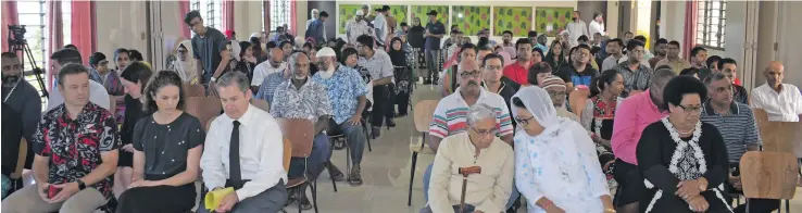  ?? Photo:Simione Haravanua. ?? Members of the diplomatic corps and Members of Parliment with Fijians during the open prayer in moral support for our brothers and sisters who were gunned down at Mosques in Christchur­ch NZ. The prayer vigil was at Makoi Womens Vocational Centre on March 17,2019.