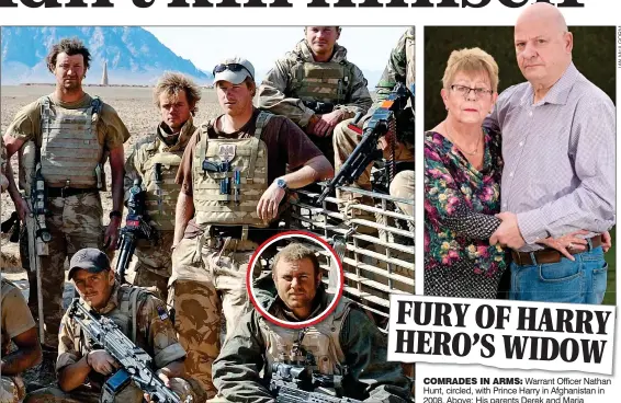  ??  ?? COMRADES IN ARMS: Warrant Officer Nathan Hunt, circled, with Prince Harry in Afghanista­n in 2008. Above: His parents Derek and Maria