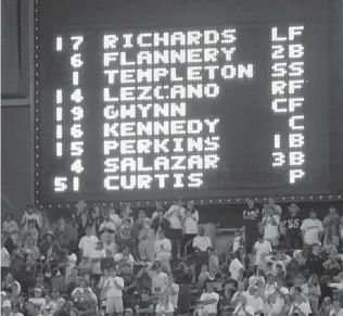  ?? JIM BAIRD U-T FILE PHOTO ?? The lineup for Tony Gwynn’s debut in ’82 had him batting fifth, playing center. He had two hits.