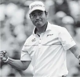  ?? THE ASSOCIATED PRESS ?? Hideki Matsuyama pumps his fist after his birdie putt on the 18th hole in the final round of the Bridgeston­e Invitation­al on Sunday at Firestone Country Club.