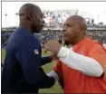  ?? JAE C. HONG — ASSOCIATED PRESS ?? Chargers head coach Anthony Lynns greets Browns head coach Hue Jackson after Los Angeles’ victory on Dec. 3 in Carson, Calif.