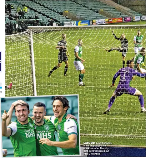  ??  ?? LATE BID: Laxalt powers in his stoppage-time equaliser after Murphy (left, centre) helped put Hibs 2-0 ahead