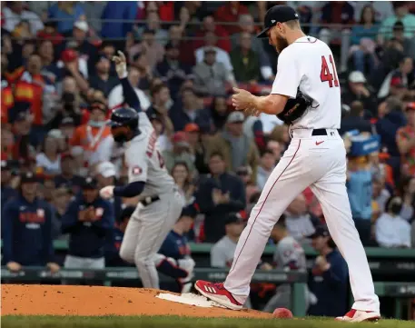  ?? Nancy lane / Herald sTaff ?? OFF AND RUNNING: Astros designated hitter Yordan Alvarez celebrates after hitting a solo home run off starting pitcher Chris Sale during the second inning of Game 5 of the ALCS at Fenway Park on Wednesday.