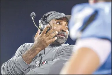  ?? (River Valley Democrat-Gazette/Hank Layton) ?? Lucious Selmon III, defensive line coach for Fort Smith Southside, reacts on the sideline Thursday during a game against Springdale at Jim Rowland Stadium in Fort Smith.