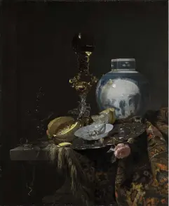  ??  ?? 3. Still life with Chinese salt jar, silver, objects of vertu, a cut melon, bread, a paper packet in a porcelain bowl, and a pink rose, all on a table draped with a Persian carpet, 1658, Willem Kalf (1619–93), oil on canvas,
100.3 × 82.7cm. Sotheby’s London (£800,000–£1.2m)