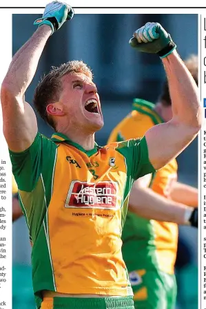  ?? MATT BROWNE/SPORTSFILE ?? Corofin’s Kieran Fitzgerald celebrates after the AIB All-Ireland club semi-final against Moorefield in Tullamore on Saturday