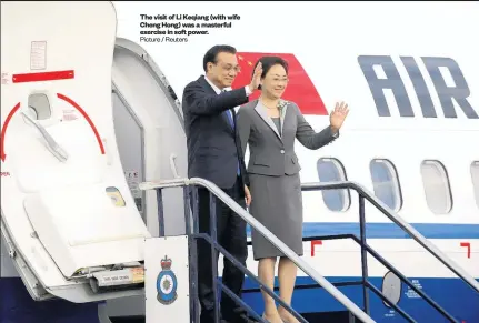  ?? Picture / Reuters ?? The visit of Li Keqiang ( with wife Cheng Hong) was a masterful exercise in soft power.