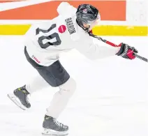  ?? HOCKEY CANADA ?? Halifax Mooseheads captain Justin Barron skates during a practice at the Canadian world junior team tryout camp in Red Deer, Alta.