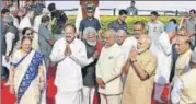  ?? SUSHIL KUMAR/HT ?? President Ram Nath Kovind, Vicepresid­ent Venkaiah Naidu, PM Narendra Modi and LS speaker Sumitra Mahajan pay tributes to Dr BR Ambedkar in New Delhi on Saturday.