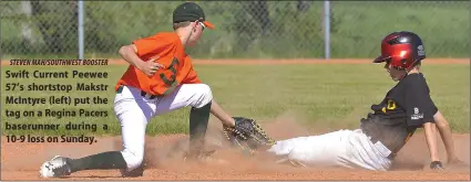  ?? STEVEN MAH/SOUTHWEST BOOSTER ?? Swift Current Peewee 57’s shortstop Makstr Mcintyre (left) put the tag on a Regina Pacers baserunner during a 10-9 loss on Sunday.