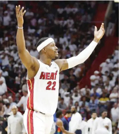  ?? (Rhona Wise, EPA-EFE) ?? Miami Heat forward Jimmy Butler reacts to the crowd during the second half of the NBA Eastern Conference semifinals series between the Miami Heat and the Philadelph­ia 76ers at FTX Arena in Miami, Florida, USA, May 10, 2022.