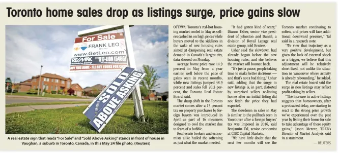 ??  ?? A real estate sign that reads “For Sale” and “Sold Above Asking” stands in front of house in Vaughan, a suburb in Toronto, Canada, in this May 24 file photo. (Reuters)