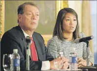  ?? AP PHOTO ?? Crystal Pepper, daughter of Dr. David Dao, accompanie­d by attorney Stephen Golan, speaks at a news conference in Chicago recently. On Thursday, April 27, United Airlines reached a settlement with Dao, the passenger who was dragged off a United Express...