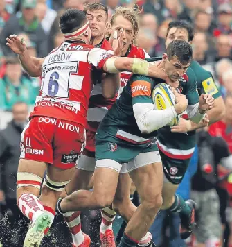  ??  ?? Leicester’s Jonny May is tackled by Gloucester’s Lewis Ludlow at Welford Road.