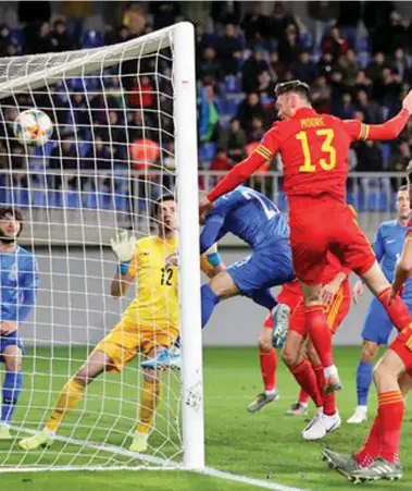  ?? Photo: Wales Online ?? Wales striker Kieffer Moore heads in a goal against Azerbaijan to keep their Euro 2020 qualifying hopes alive in Baku on November 16, 2019. Wales won 2-0 and will face Hungary for the decider.