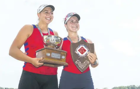  ?? JULIE JOCSAK/POSTMEDIA NEWS ?? Anna Maloney and Emily Stewart of St. Catharines Rowing club win the under-19 womens double during the fourth day of racing at the 135th Royal Canadian Henley Regatta in St. Catharines on Friday.